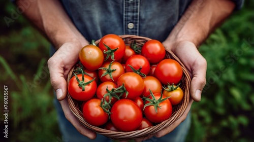 Ripe tomatoes cradled in a basket showcasing freshness and agricultural bounty