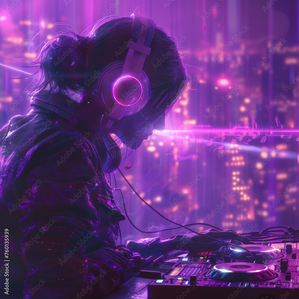 A DJ mixing tracks, headphones casting a radiant purple light, at a night party A DJ mixing tracks, headphones casting a radiant purple light, at a night party