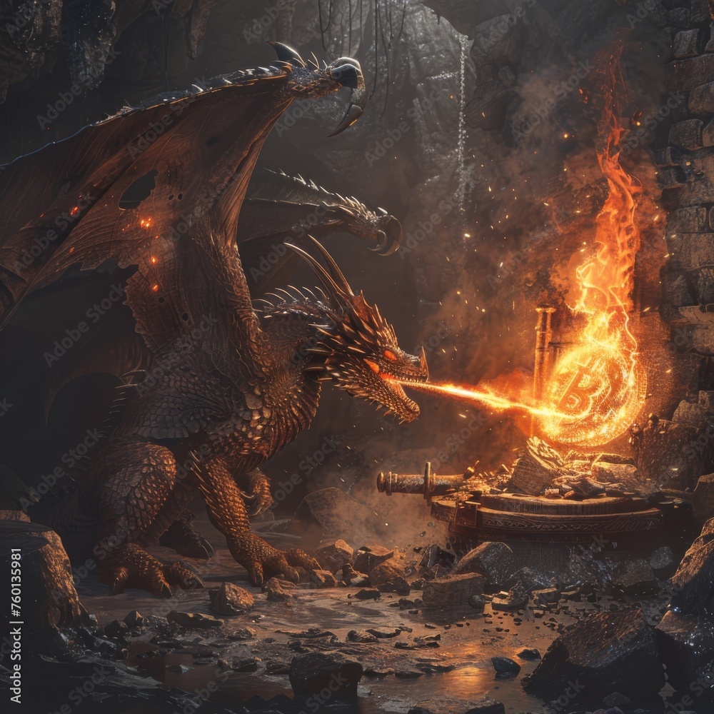A dragon blowing fire into a forge crafting a Bitcoin - obrazy, fototapety, plakaty 