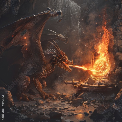 A dragon blowing fire into a forge crafting a Bitcoin photo