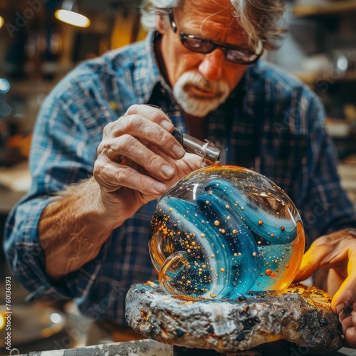 A glassblower creating a sculpture that transitions from a fiery orange to a deep, tranquil blue as it cools