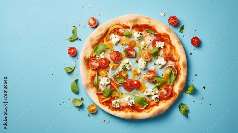 Overhead shot of a vegetable pizza with cheese on a blue background Overhead shot of a vegetable pizza with cheese on a blue background