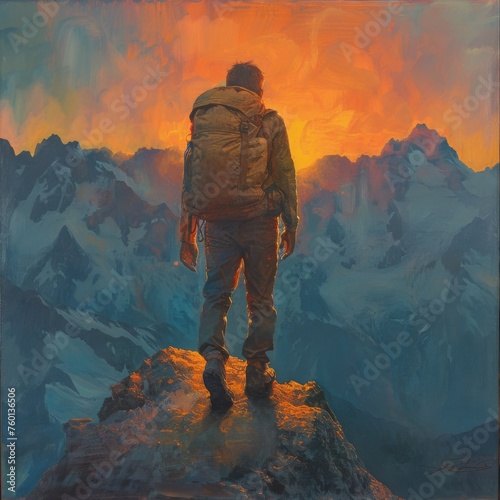 A hiker reaching the summit, backpack emitting a soft golden glow, at dawn--ar 2:3