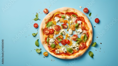 Overhead shot of a vegetable pizza with cheese on a blue background