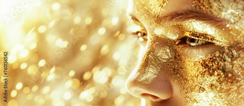 Golden Glitter Makeup on Woman's Face. Generative ai