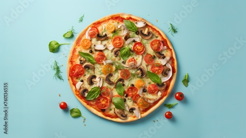 Mouthwatering freshly baked pizza with golden crust, mushrooms, cheese, and fresh basil on top