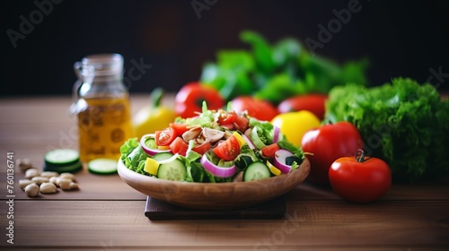 This image showcases a delectable salad bowl filled with fresh cut vegetables, peppered with a touch of olive oil © Maximilian