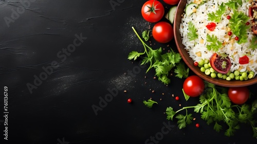 This image captures a delicious vegetable rice dish with vibrant tomatoes and green peas from an overhead perspective