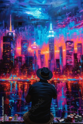 A muralist painting a wall with colors that glow in the dark, creating a luminous, nighttime cityscape