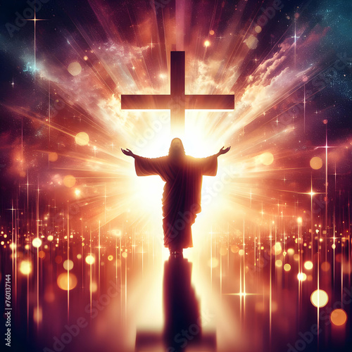 Illuminated Silhouette of Jesus, Heaven and Cross Love and Faith and Salvation Concept