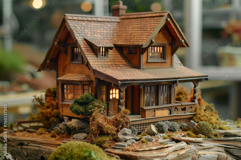A rustic brown miniature house with craftsman-style architecture, evoking a sense of nostalgia and craftsmanship.