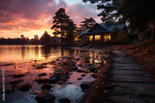 House by the lake at sunset amidst the natural landscape