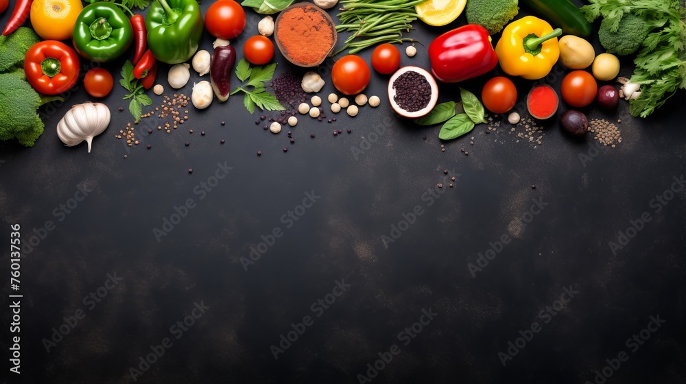 Top view of various fresh vegetables and spices spread on a dark countertop, expressing healthy eating