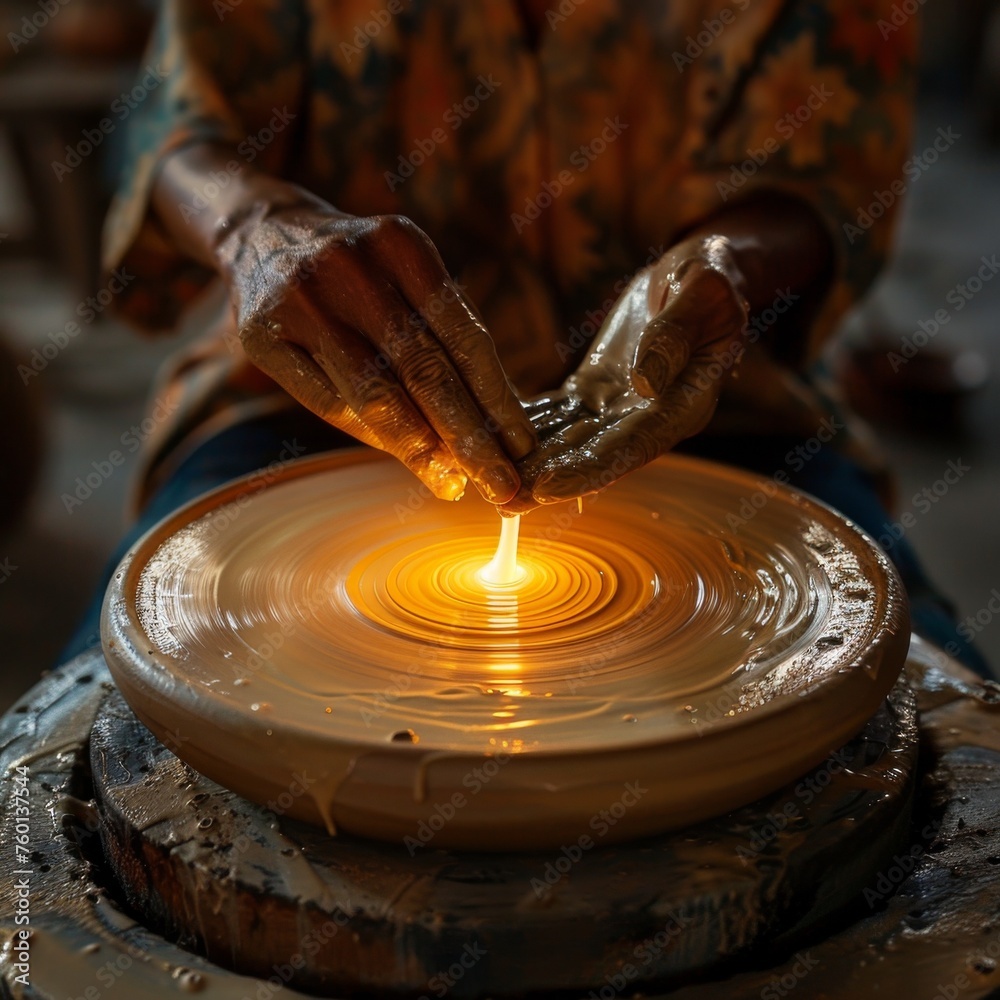 A potter's wheel spinning, the clay taking shape and glowing softly under the craftsman's skilled hands