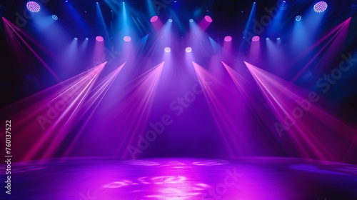 An atmospheric empty stage lit by dramatic purple lights and smoke, imparting a sense of anticipation