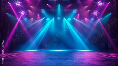 A vibrant and cool-hued stage set for a high-energy concert or event, complete with state-of-the-art lighting