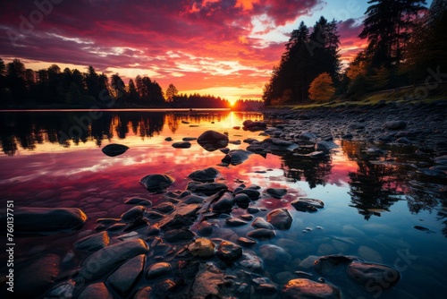 Sunset at the lake with rocks, trees, and a colorful sky reflecting on the water