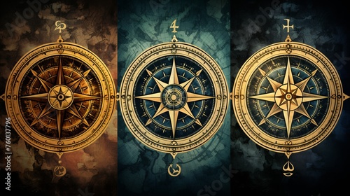 Three vintage nautical compass designs overlaid on grungy, colored backgrounds with alchemical symbols
