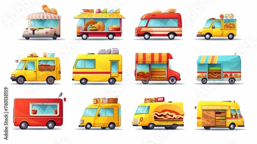 A vibrant assortment of diverse and colorful food trucks with various culinary offerings