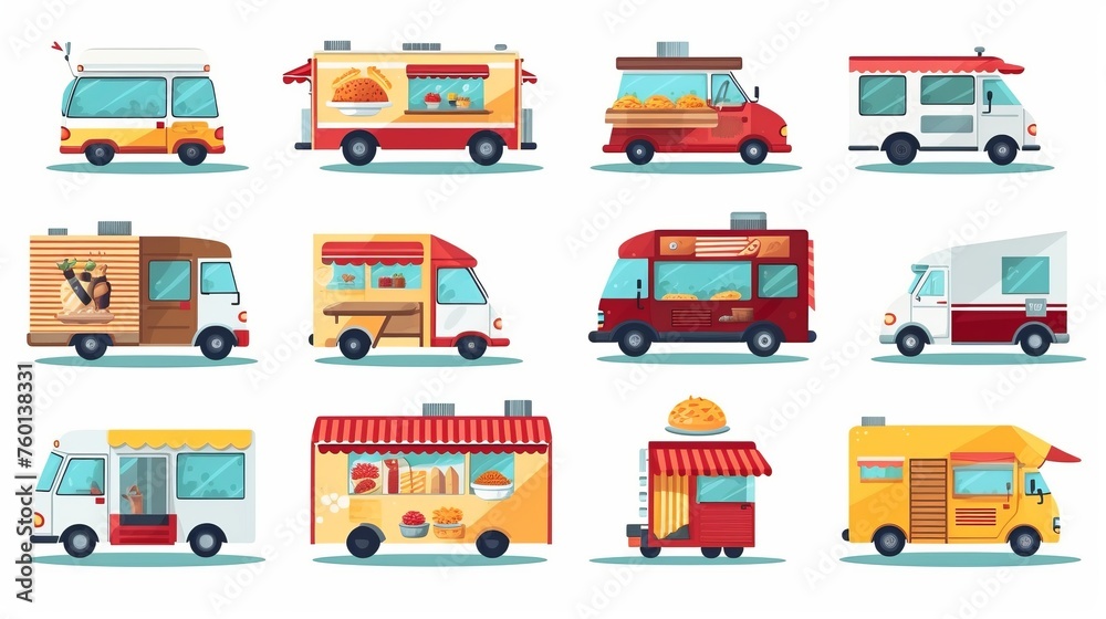 A stylish selection of food trucks offering a wide range of tasty eats, from fast food to gourmet treats, on the street A stylish selection of food trucks offering a wide range of tasty eats, from fast food to gourmet treats, on the street