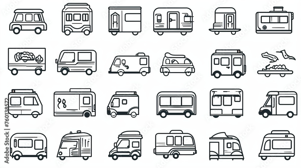 A versatile collection of food truck line icons representing different styles and types for multiple uses A versatile collection of food truck line icons representing different styles and types for multiple uses