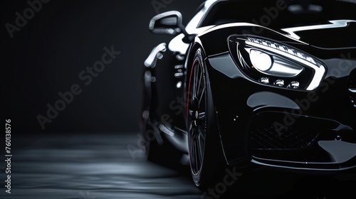 Sleek car with shining headlights in darkness.