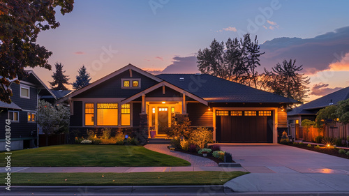 Early evening's soothing hues casting a warm light on a charcoal Craftsman style house, the suburban atmosphere shifting to evening calm, quiet and inviting