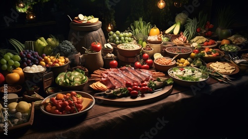 An enchanting spread showcasing a variety of appetizers, fresh fruits, and vegetables on a warmly lit festive table