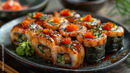 A delicious serving of sushi. 
