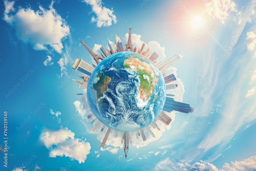 Naklejka premium An inspiring concept image showcasing a globe surrounded by iconic international landmarks, symbolizing the opportunities and adventures of global education and studying abroad.