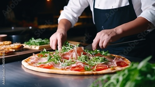 A skilled chef in a black apron adds final touches of green leaves to a nearly ready pizza on a wooden board