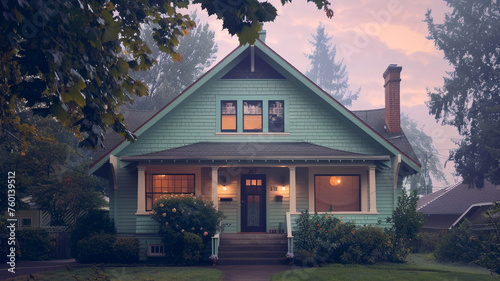 Morning's gentle awakening, a mint green Craftsman style house bathed in the soft light of dawn, suburban calm as the day begins, tranquil and refreshing
