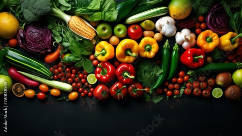 A variety of fresh vegetables artistically displayed on a dark surface showcasing healthy eating and culinary arts