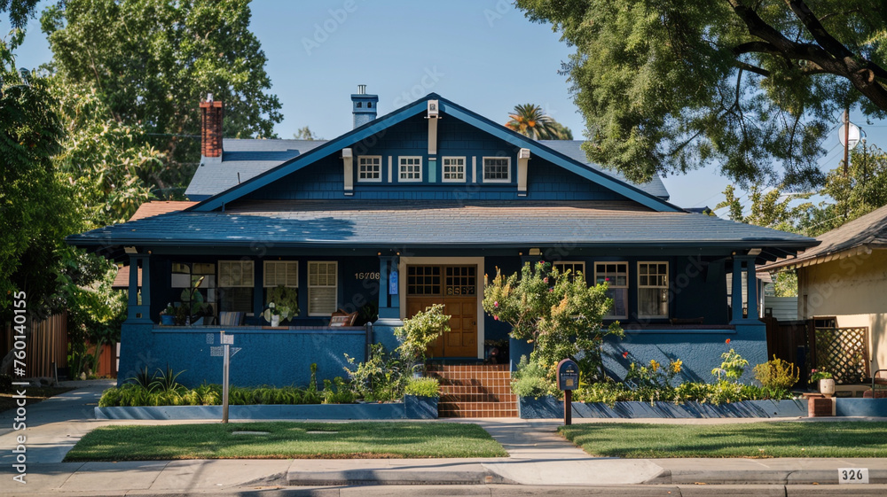 The bright light of noon casting clear shadows around an indigo Craftsman style house, suburban scene alive with midday energy, vibrant and bustling