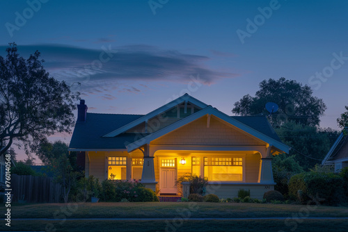 The gentle break of dawn illuminating a pastel yellow Craftsman style house, suburban calm as the world slowly wakes, air fresh and invigorating