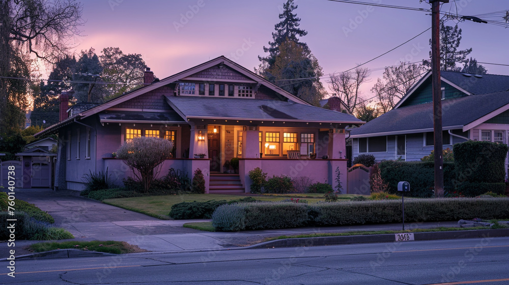 The mellow light of early evening setting on a mauve Craftsman style house, suburban streets winding down as the day comes to a close, peaceful and subdued - obrazy, fototapety, plakaty 