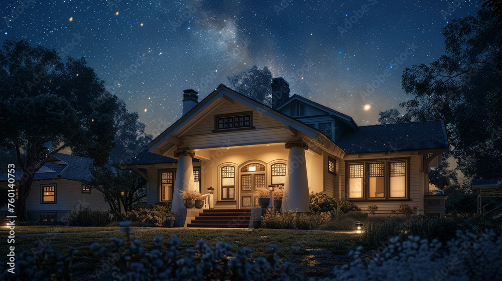 The profound silence of a late suburban night, a cream-colored Craftsman style house under the watchful gaze of the stars, serene and timeless