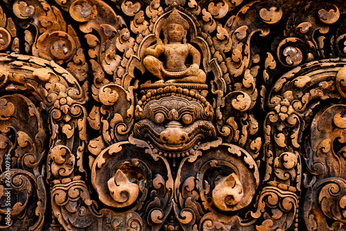 Intricate stone carving at Angkor Wat, Cambodia