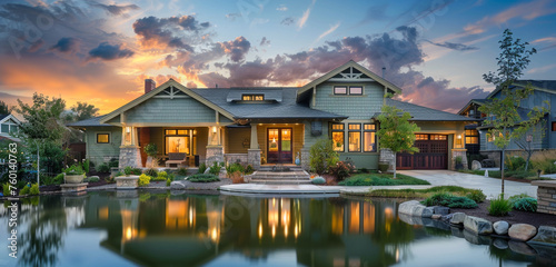 The quietude of dusk surrounding a sage Craftsman style house, suburban activities ceasing, the sky blending into evening colors, tranquil and reflective photo