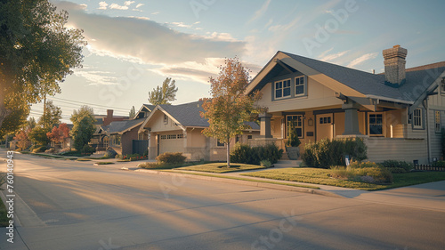 The soft light of dawn casting a tranquil ambiance on a sandy beige Craftsman style house, suburban streets empty and silent, awaiting the day's start photo