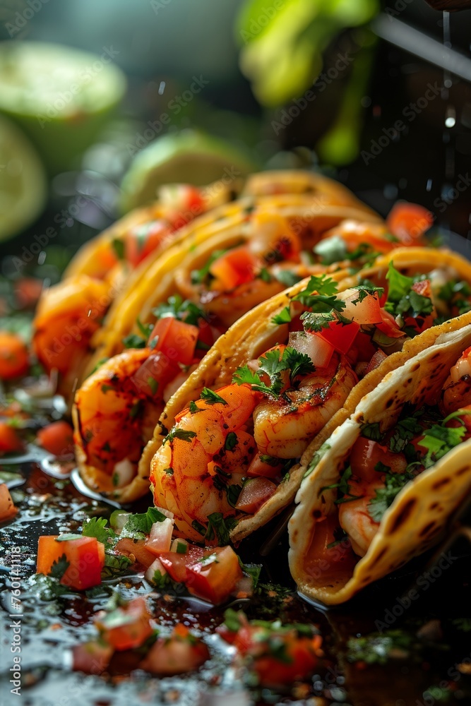 Delicious shrimp tacos with lime and pico de gallo. Delicious shrimp tacos with lime and pico de gallo.