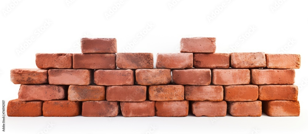 Fototapeta premium A brown brick wall is being constructed with rectangular bricks on a white background. The brickwork is a building material commonly used for walls, flooring, and roofs made of wood