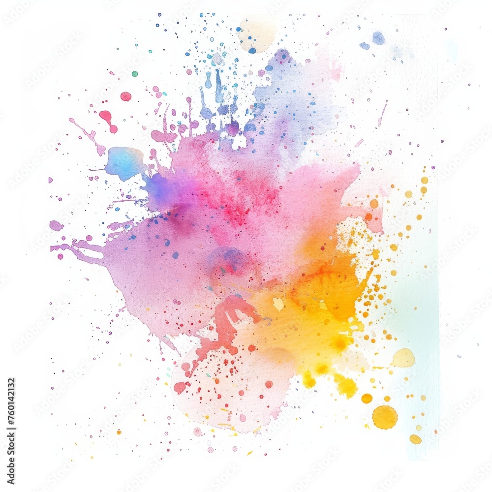 Vibrant watercolor explosion in rainbow hues on a pristine white background, embodying creativity and artistic expression.