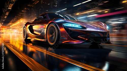 Futuristic Sports Car On Neon Highway. Powerful acceleration of a supercar with colorful lights trails © VisualVanguard