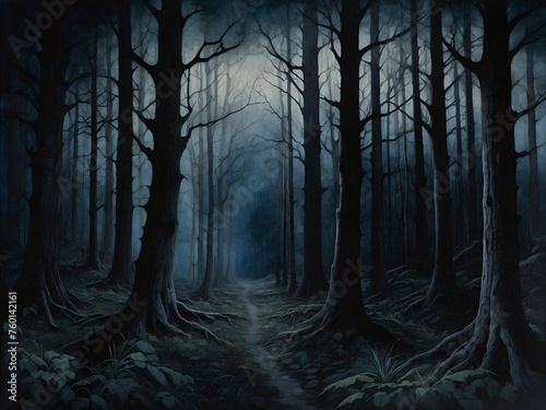 dark forest with bare trees and path at night