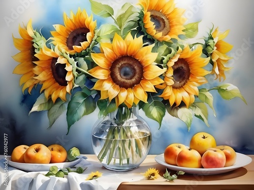 Bright watercolor sunflower bouquet painted
