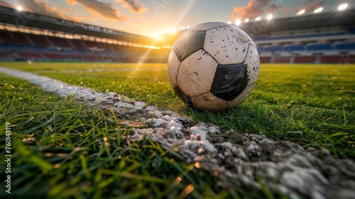 Close-up of a soccer ball on vibrant stadium turf