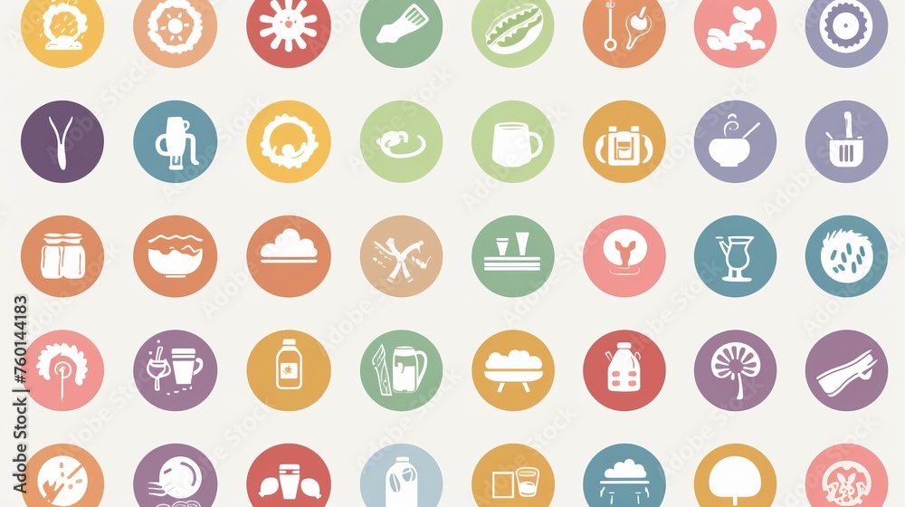 Soft-hued pastel icons showcasing a range of daily activities, objects, and food in a minimalist design style