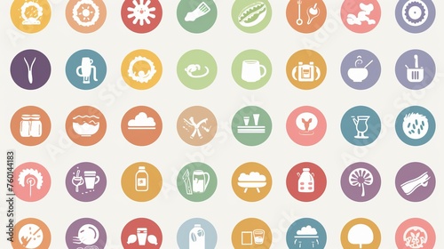 Obraz na płótnie Soft-hued pastel icons showcasing a range of daily activities, objects, and food in a minimalist design style w salonie