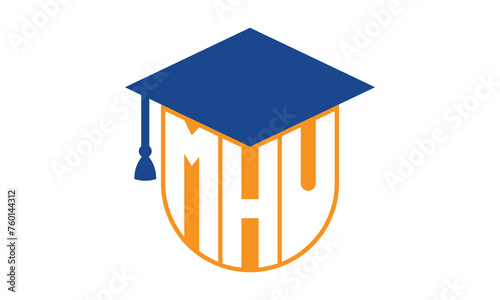 MHU initial letter academic logo design vector template. school college logo, university logo, graduation cap logo, institute logo, educational logo, library logo, teaching logo, book shop, varsity	
 photo